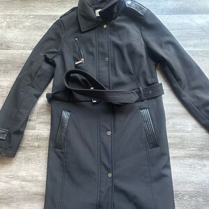 Michael Kors Trench Coat Womens Size  M Black Long Belted Collared Hooded Lined